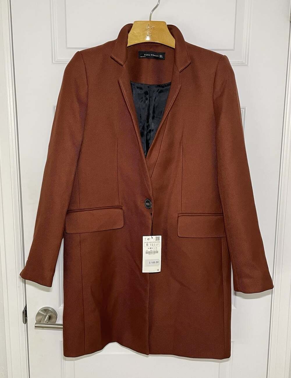 Zara Womens S Blazer Rust Brown Long Single Button Lined Pockets Made in Spain